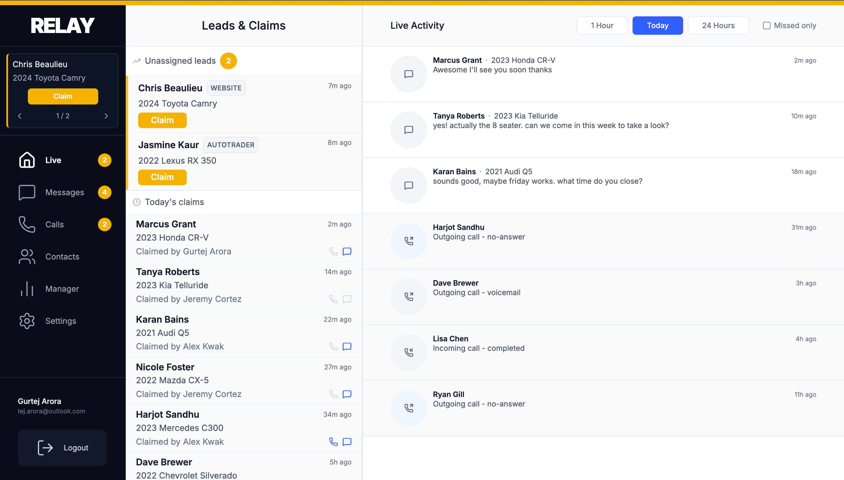 Relay live dashboard aggregating leads from AutoTrader, CarGurus, Facebook and website forms into one view