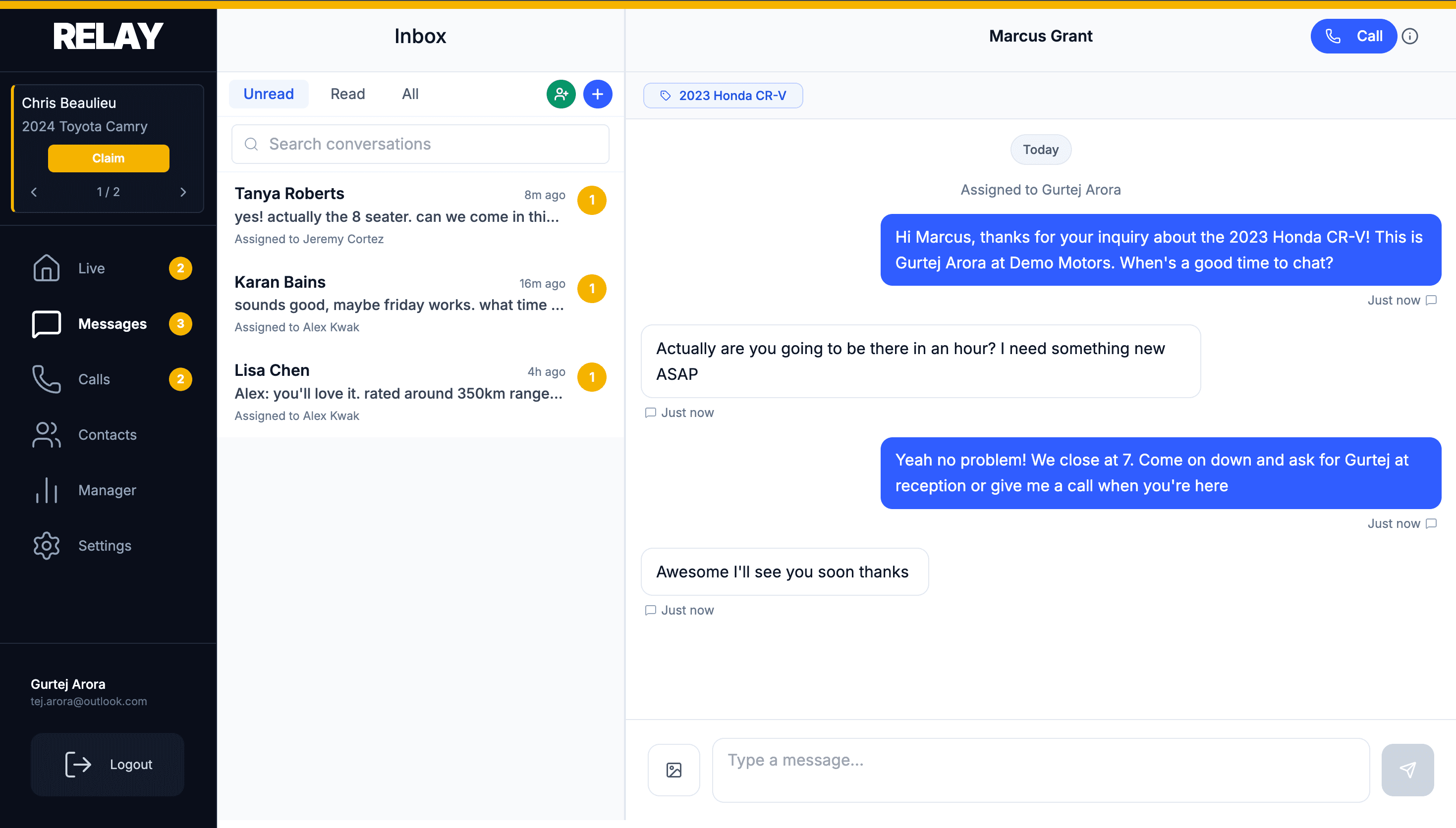 Relay web dashboard showing full conversation thread with lead including AI first response and rep reply