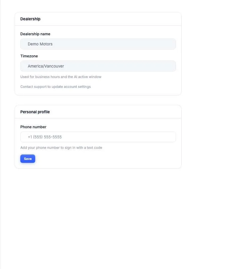 Relay Settings, Account screen showing the dealership name, the dealership timezone, and a Personal profile phone number field used for text-code sign-in