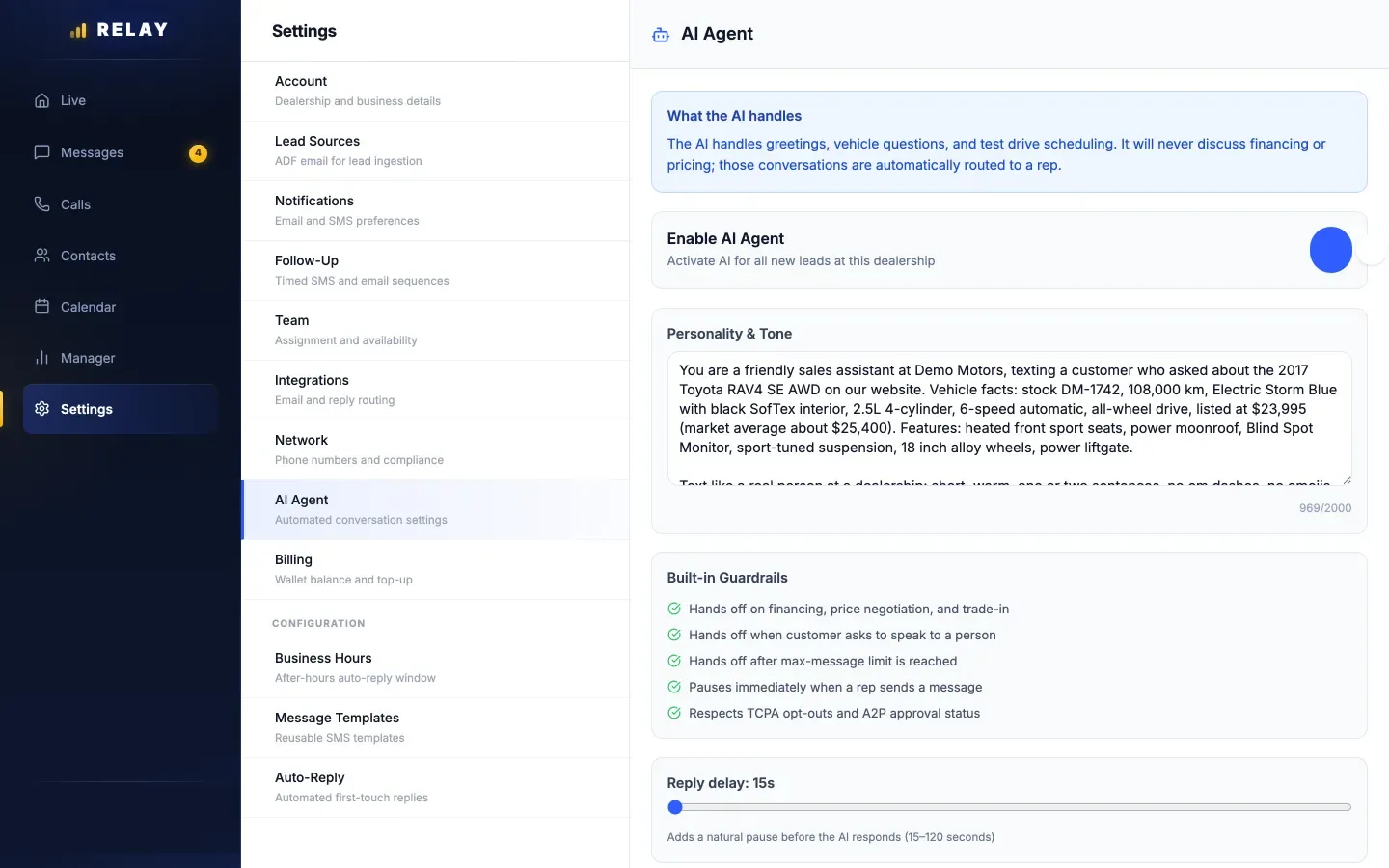 Relay AI Agent settings with an Enable AI Agent toggle, a Personality and Tone prompt, a Built-in Guardrails list, and a Reply delay slider from 15 to 120 seconds