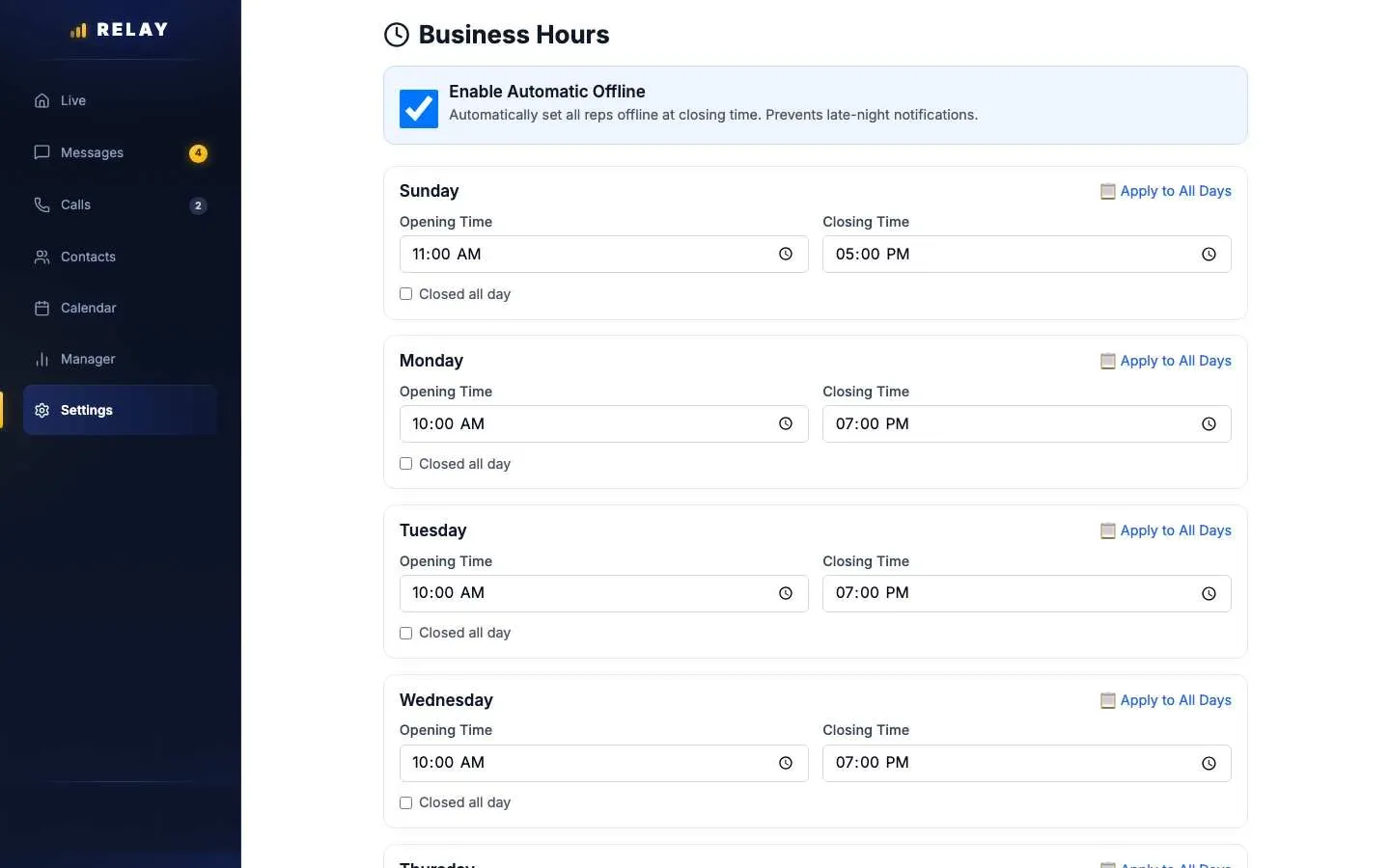 Relay Business Hours settings with an Enable Automatic Offline checkbox and opening and closing times for each day, a Closed all day option, and Apply to All Days