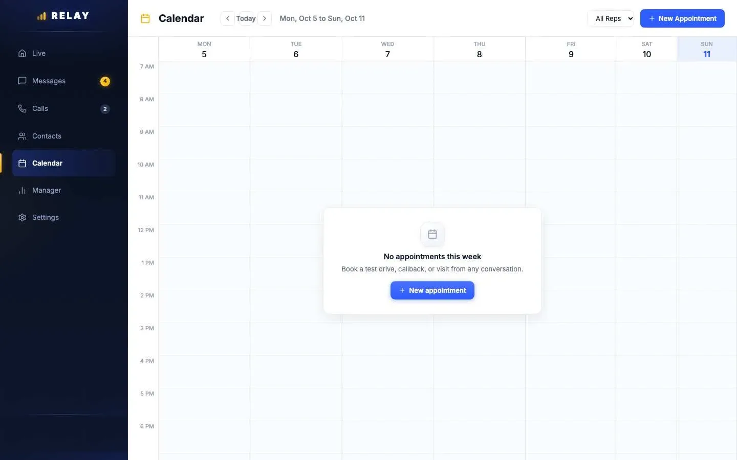 Relay Calendar week view with Today navigation, an All Reps filter, and a New Appointment button