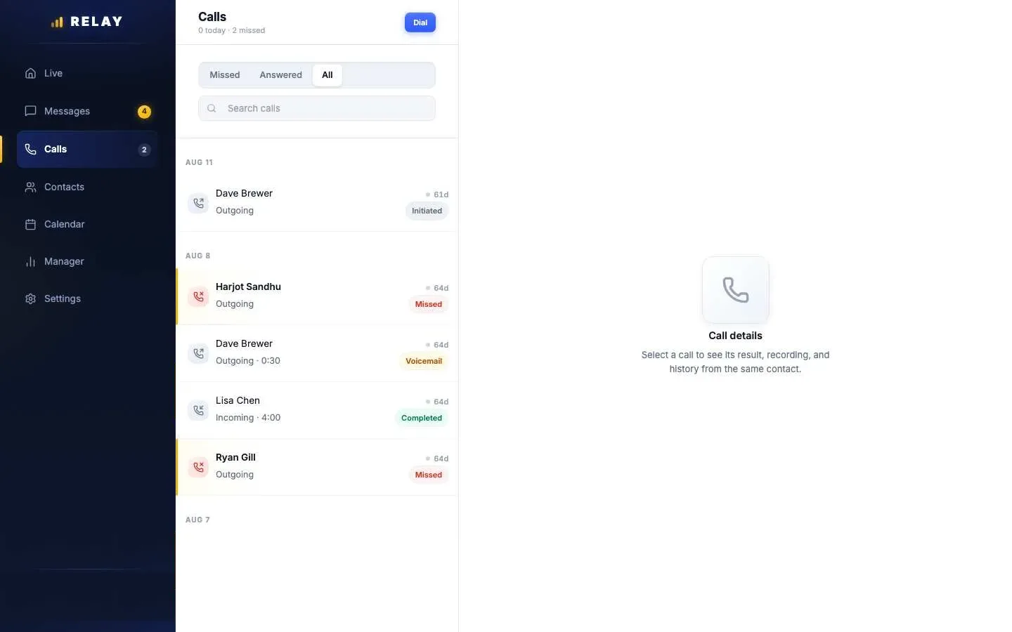Relay Calls screen listing incoming and outgoing calls by date with Missed, Answered, and All filters, call durations, and status tags such as Completed, Missed, and Voicemail, plus a Dial button