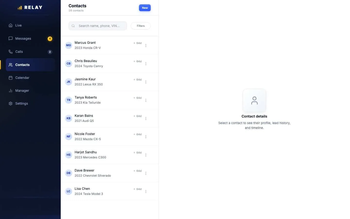 Relay Contacts list showing each customer with their vehicle of interest, a search box for name, phone, or VIN, a Filters button, and a New button
