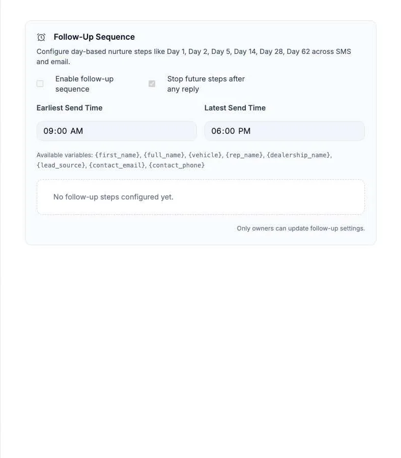 Relay Follow-Up Sequence settings with Enable follow-up sequence and Stop future steps after any reply checkboxes, earliest and latest send times, and a list of available variables such as first_name, vehicle, and rep_name