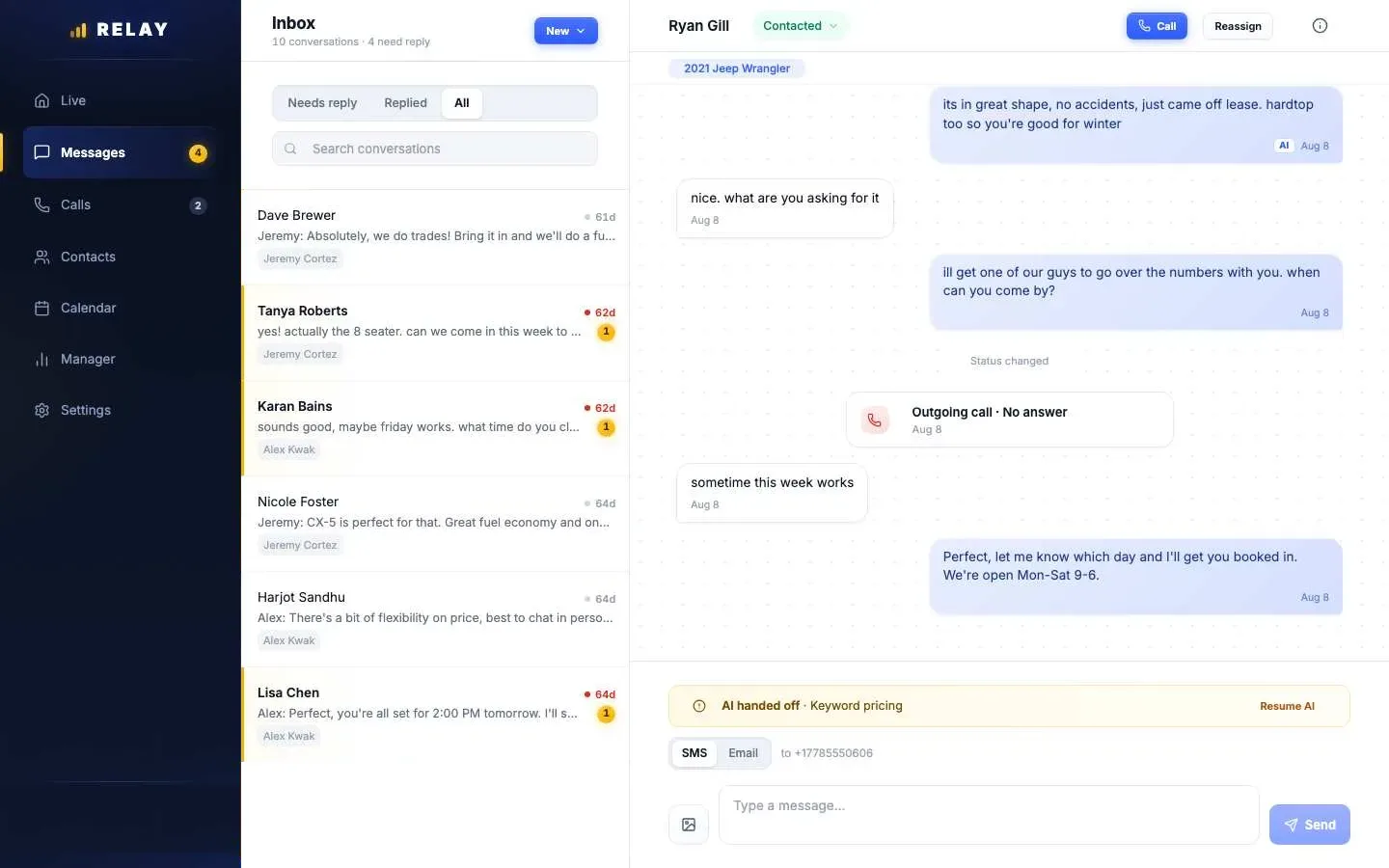 Relay conversation with a lead about a 2021 Jeep Wrangler: AI-labelled replies, a logged outgoing call, a Contacted status menu, Call and Reassign buttons, an AI handed off banner with Resume AI, and an SMS or Email composer
