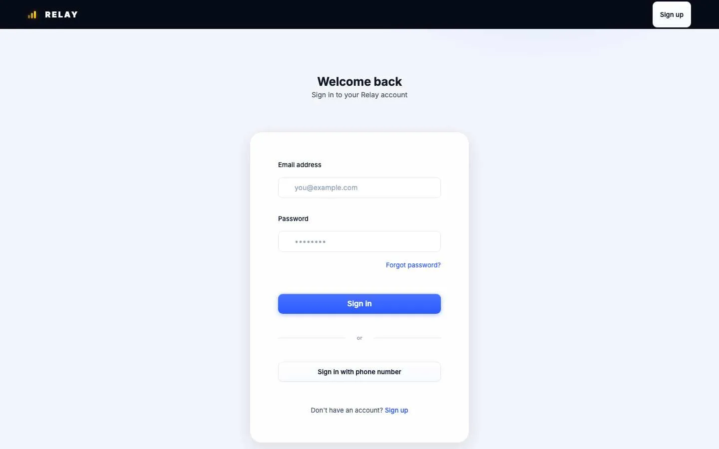 Relay sign-in page at app.userelay.ca with email and password fields, a Forgot password link, and a Sign in with phone number button
