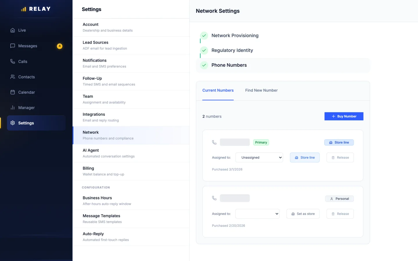 Relay Network Settings with three completed setup checks, Current Numbers and Find New Number tabs, a Buy Number button, and two numbers: one store line and one personal line, each with an Assigned to menu
