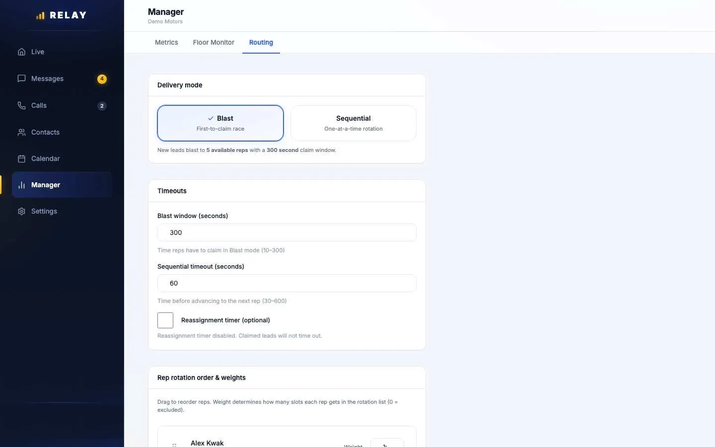 Relay Manager, Routing tab with Delivery mode set to Blast (first-to-claim race) or Sequential (one-at-a-time rotation), Blast window 300 seconds, Sequential timeout 60 seconds, an optional Reassignment timer, and Rep rotation order and weights