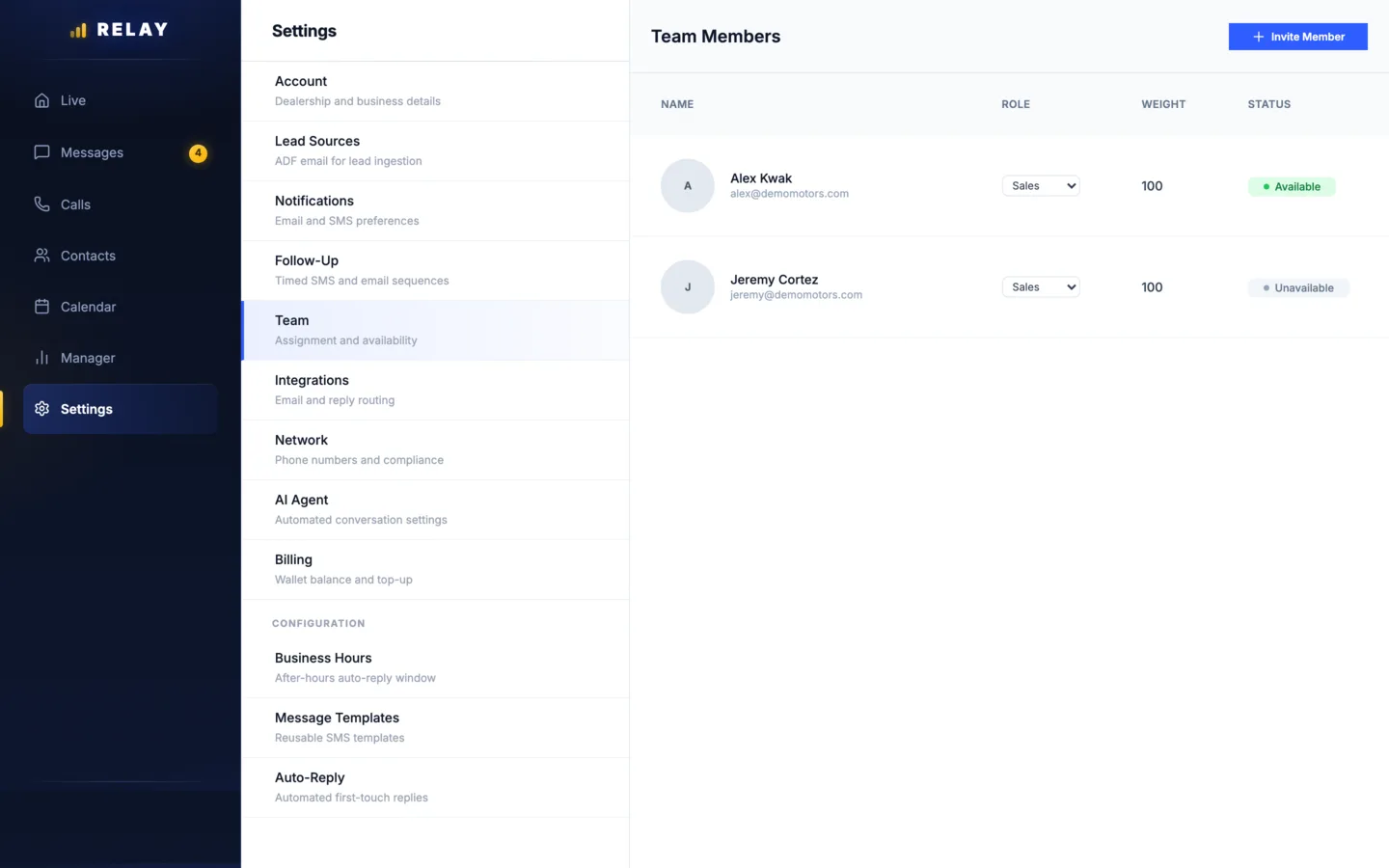 Relay Settings, Team Members screen listing two sales reps with a role menu, weight, Available or Unavailable status, and a blue Invite Member button at the top right