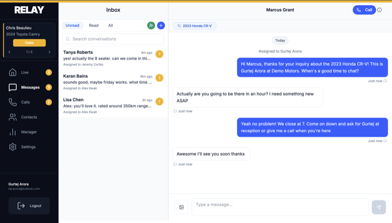 The real Relay inbox: conversation list and a customer thread on a dealership number
